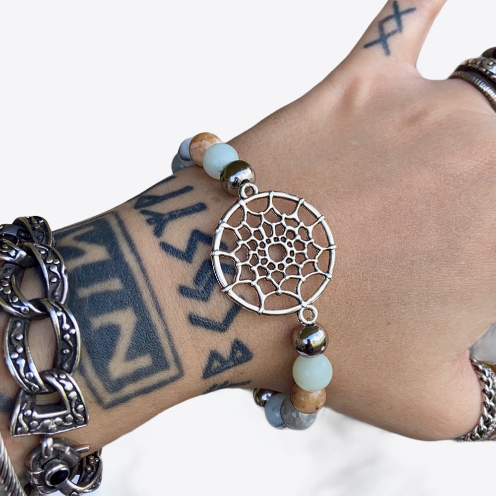 Amazonite gem beads silver dream catcher bracelet